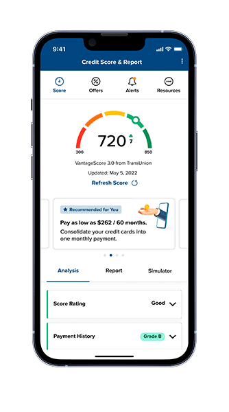 A smartphone displays the credit score app